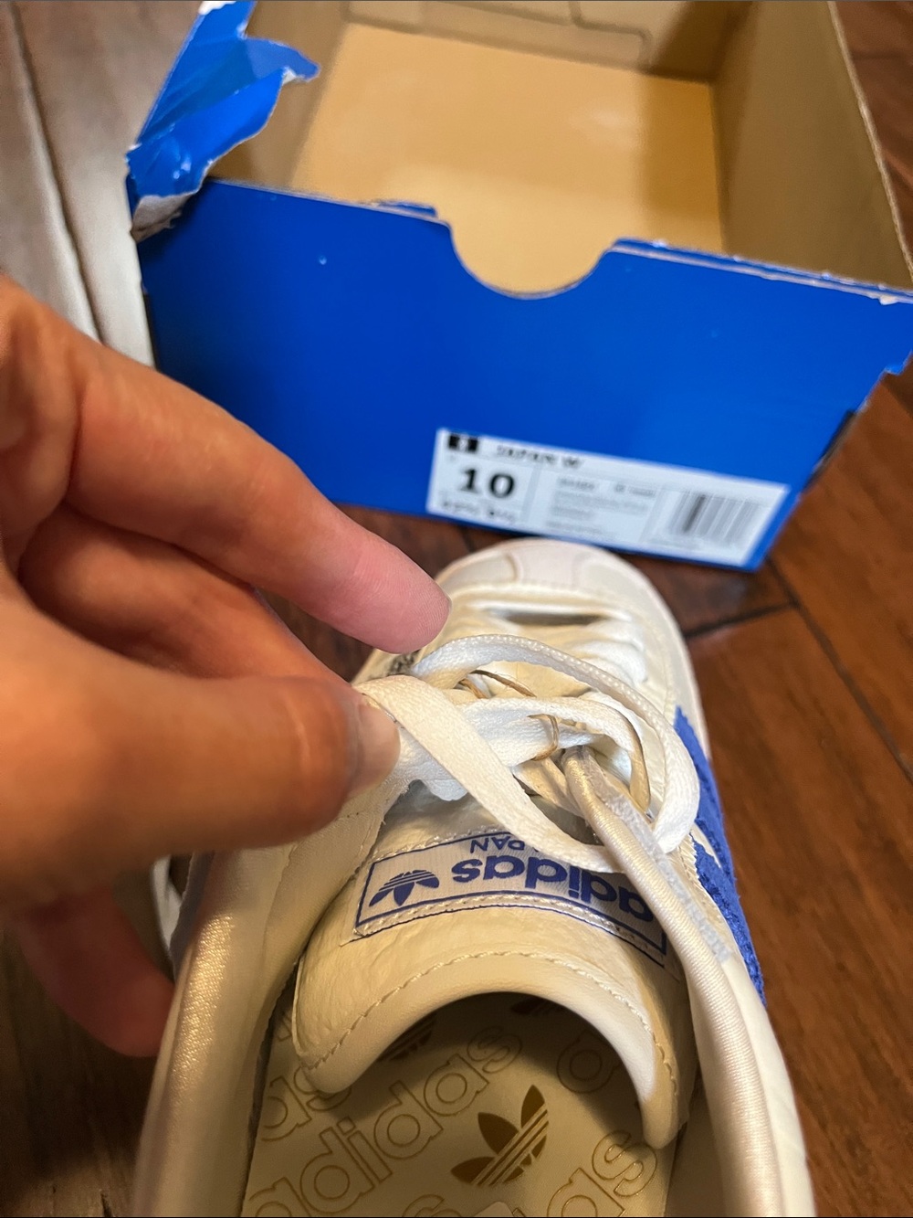 adidas womens japan White Leather Sneakers with Blue Stripes and Yellow Gum Sole - Picture 6 of 14
